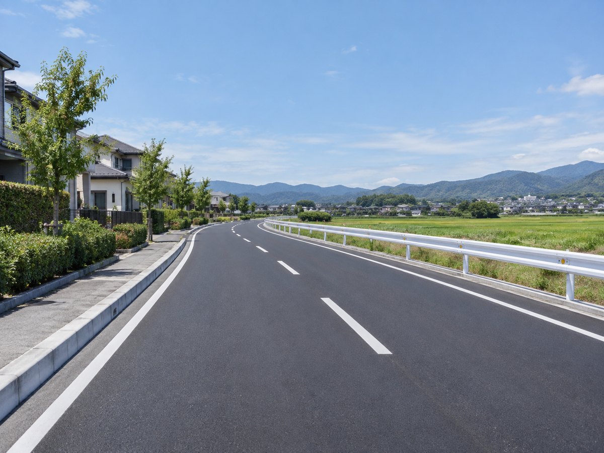 住宅地と田畑の間を通る、舗装したばかりの二車線道路（イメージ）