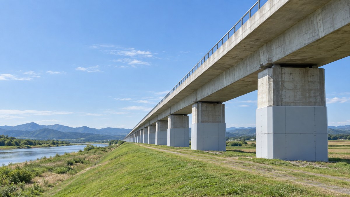 河川沿いの田園を横切る長いコンクリートの高架橋（イメージ）