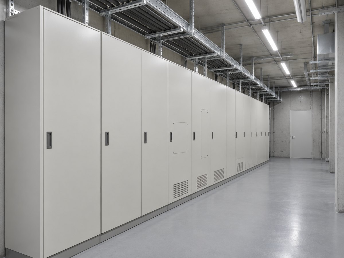 無地の配電盤が並ぶ建物内の電気室(イメージ)
